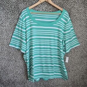 Talbots‎ Top Womens Plus 3X Teal Striped Scoop Neck Short Sleeve Tee Cotton